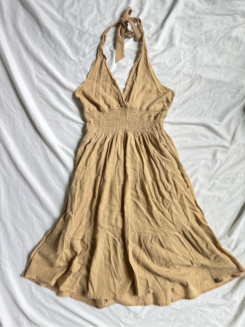 Bohemian Halter Smocked Waist Midi Dress in Beige